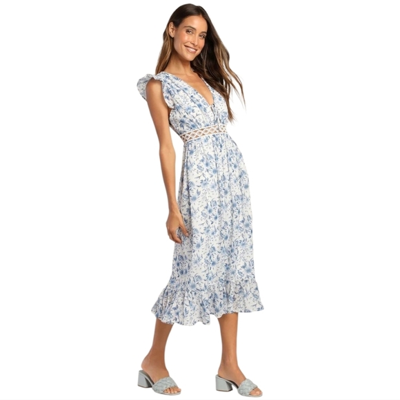 Lulus Make Things Shine White Blue Floral Midi Lightweight Flowy Dress L - Picture 2 of 16